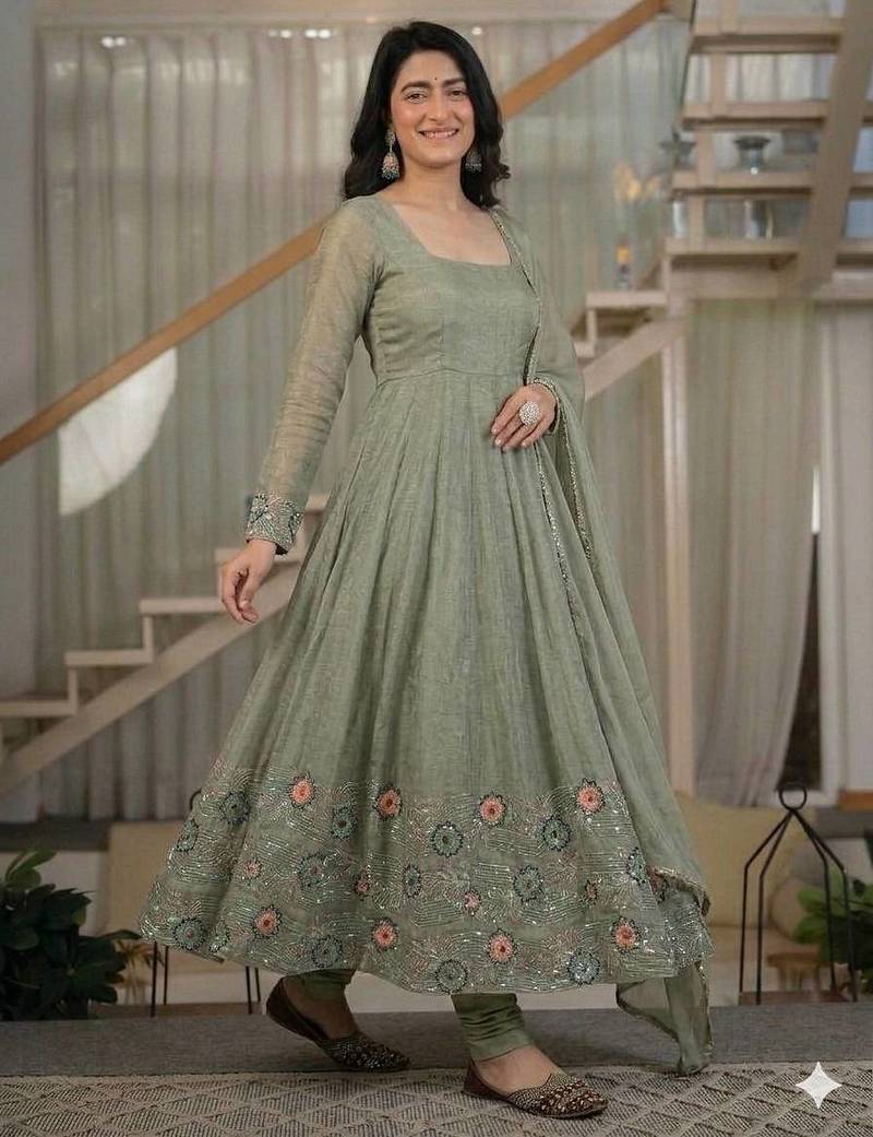 Light mehendi green cruncy silk party wear embroidery suit set