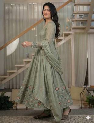 Light mehendi green cruncy silk party wear embroidery suit set 3