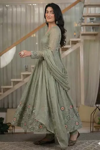 Light mehendi green cruncy silk party wear embroidery suit set
