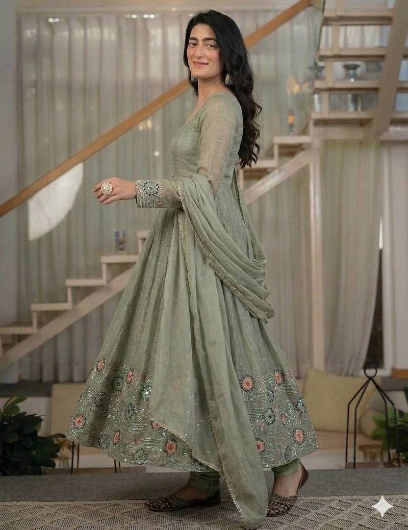 Light mehendi green cruncy silk party wear embroidery suit set