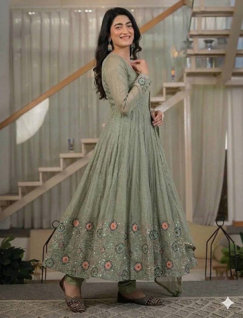 Light mehendi green cruncy silk party wear embroidery suit set
