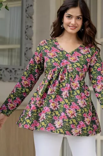 Green floral printed cotton tunic short kurti top for women