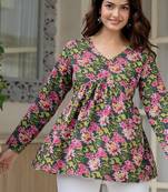 Green floral printed cotton tunic short kurti top for women