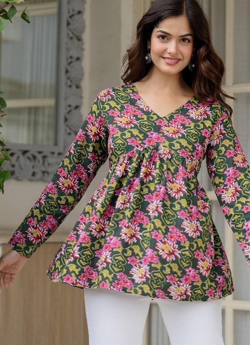 Green floral printed cotton tunic short kurti top for women