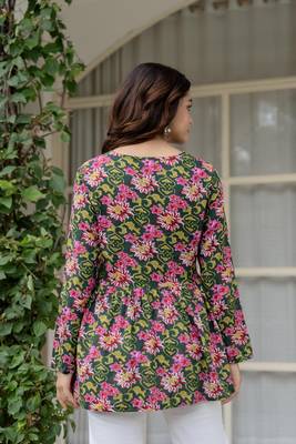 Green floral printed cotton tunic short kurti top for women 2