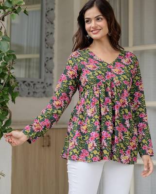 Green floral printed cotton tunic short kurti top for women 3