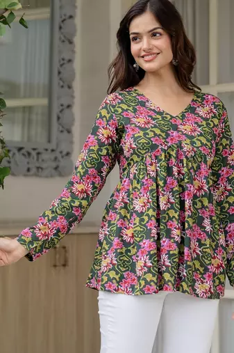 Green floral printed cotton tunic short kurti top for women