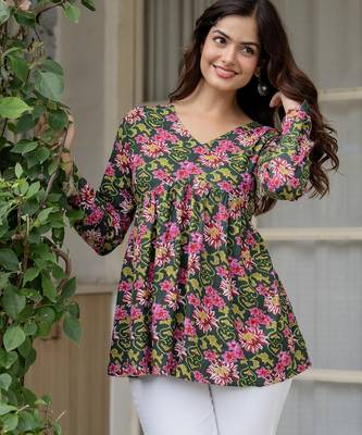 Green floral printed cotton tunic short kurti top for women 4