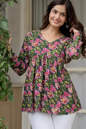 Green floral printed cotton tunic short kurti top for women