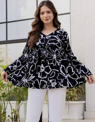 Black floral printed cotton tunic short kurti top for women 1