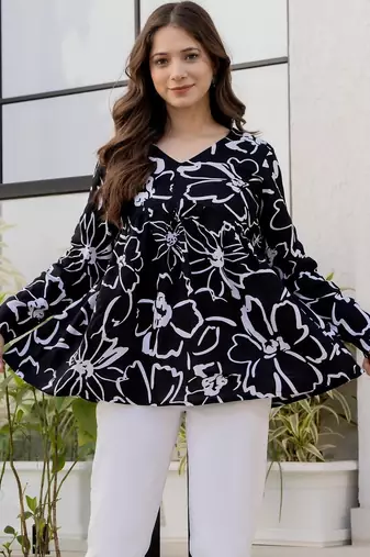 Black floral printed cotton tunic short kurti top for women