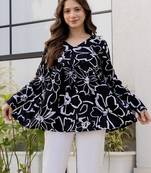 Black floral printed cotton tunic short kurti top for women