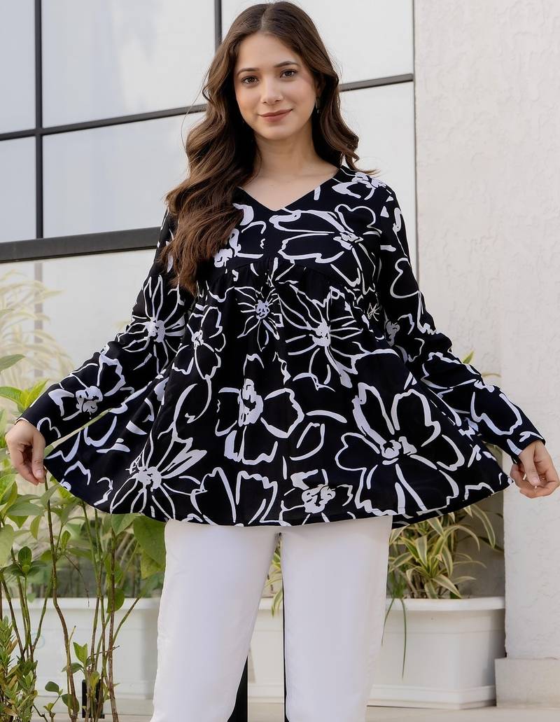 Black floral printed cotton tunic short kurti top for women
