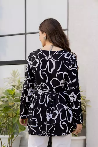 Black floral printed cotton tunic short kurti top for women
