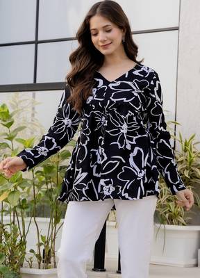 Black floral printed cotton tunic short kurti top for women 3
