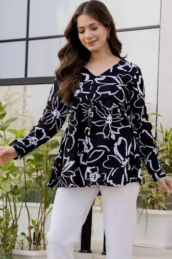 Black floral printed cotton tunic short kurti top for women