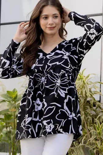 Black floral printed cotton tunic short kurti top for women
