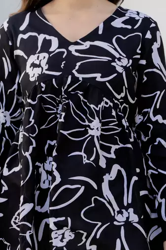Black floral printed cotton tunic short kurti top for women