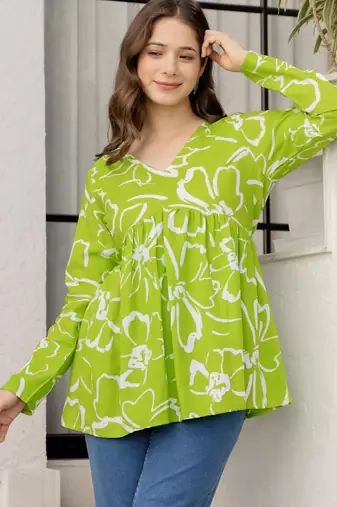 Lime floral printed cotton tunic short kurti top for women