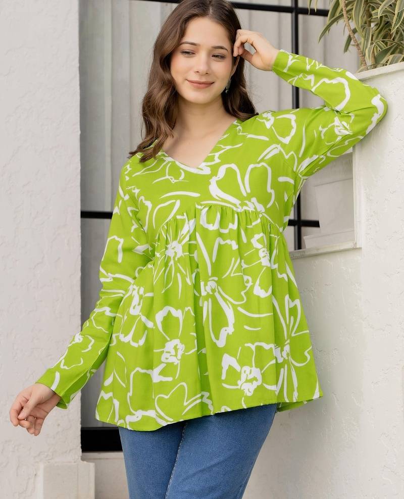 Lime floral printed cotton tunic short kurti top for women