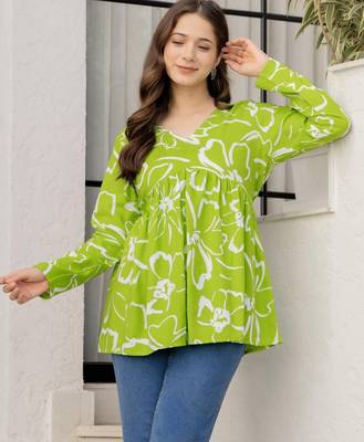 Lime floral printed cotton tunic short kurti top for women 3