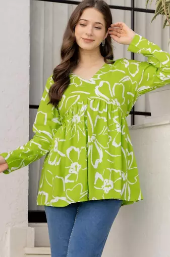 Lime floral printed cotton tunic short kurti top for women