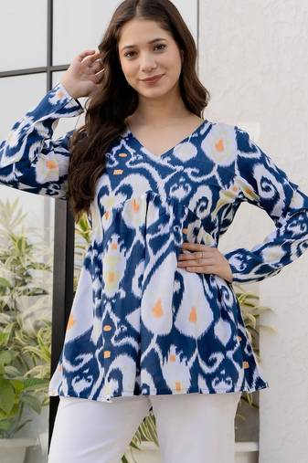 Blue floral printed cotton tunic short kurti top for women