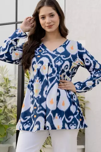 Blue floral printed cotton tunic short kurti top for women