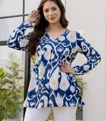Blue floral printed cotton tunic short kurti top for women
