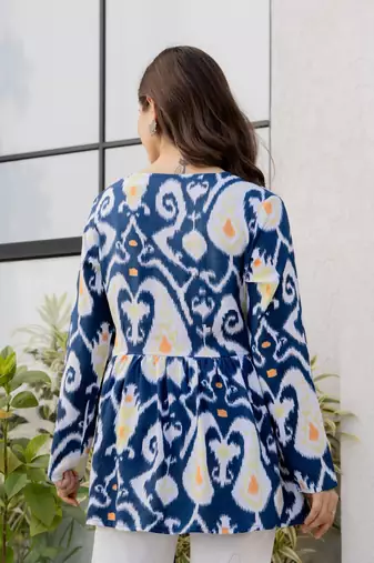 Blue floral printed cotton tunic short kurti top for women