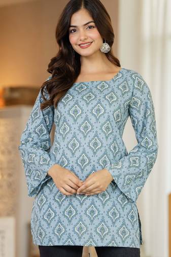 Blue floral printed cotton tunic short kurti top for women