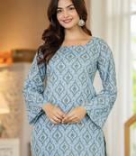 Blue floral printed cotton tunic short kurti top for women