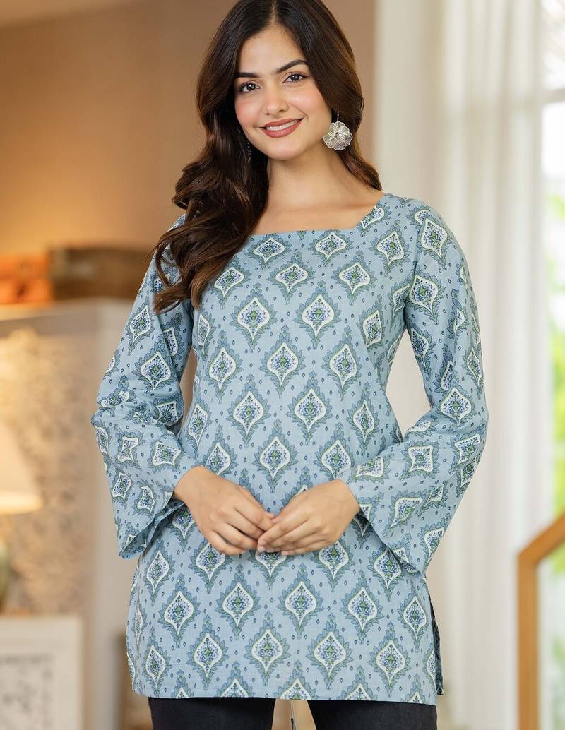 Blue floral printed cotton tunic short kurti top for women
