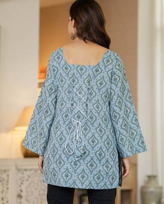 Blue floral printed cotton tunic short kurti top for women 5
