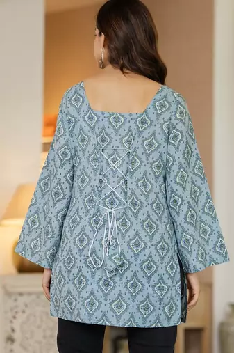 Blue floral printed cotton tunic short kurti top for women