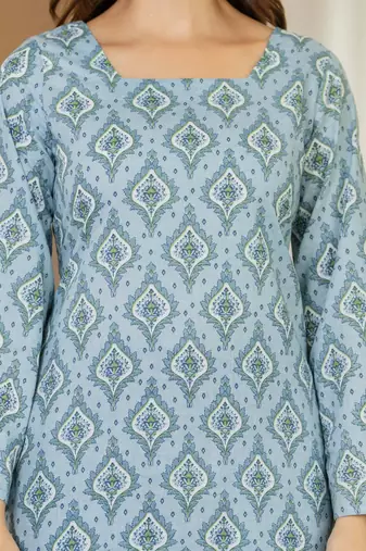 Blue floral printed cotton tunic short kurti top for women