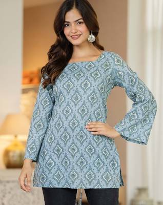Blue floral printed cotton tunic short kurti top for women 3