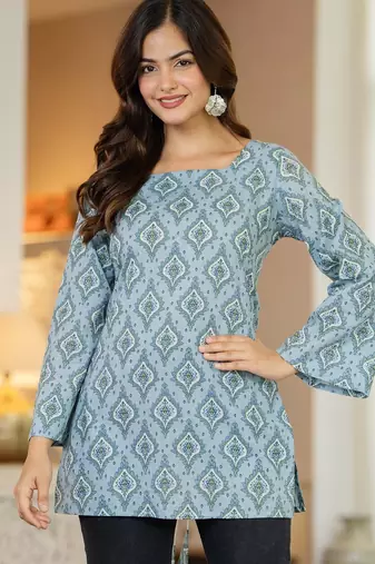Blue floral printed cotton tunic short kurti top for women
