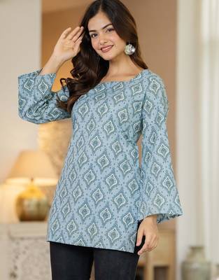 Blue floral printed cotton tunic short kurti top for women 4