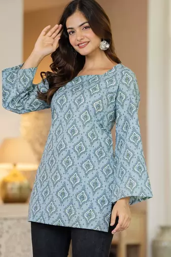 Blue floral printed cotton tunic short kurti top for women