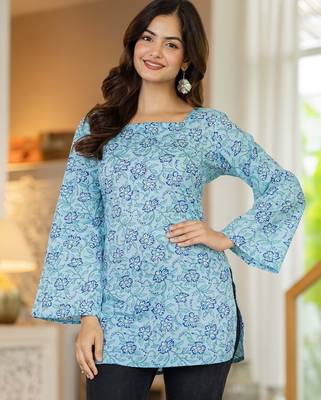 Blue floral printed cotton tunic short kurti top for women 1
