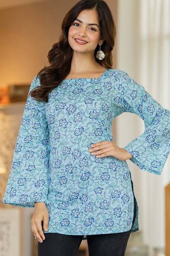 Blue floral printed cotton tunic short kurti top for women