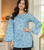 Blue floral printed cotton tunic short kurti top for women