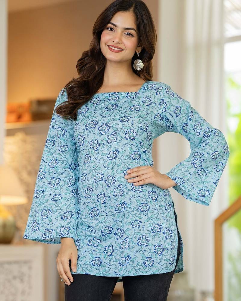 Blue floral printed cotton tunic short kurti top for women