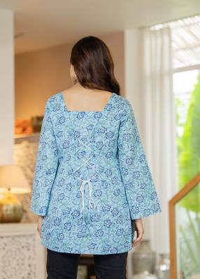 Blue floral printed cotton tunic short kurti top for women 2