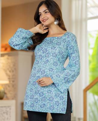 Blue floral printed cotton tunic short kurti top for women 3