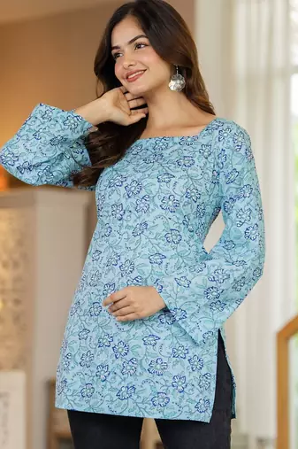 Blue floral printed cotton tunic short kurti top for women