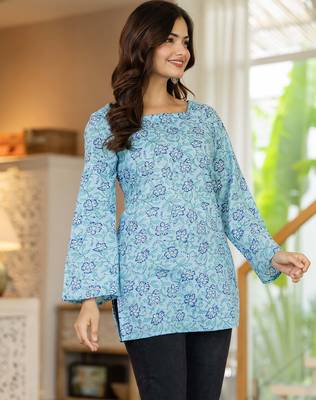 Blue floral printed cotton tunic short kurti top for women 4