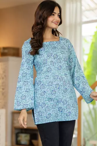 Blue floral printed cotton tunic short kurti top for women