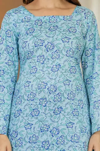 Blue floral printed cotton tunic short kurti top for women